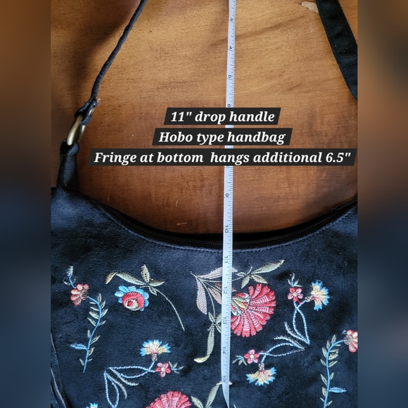 Y2K Black Embroidered Fringe Shoulder Bag Boho 90s Floral Suede Look - Picture 14 of 15